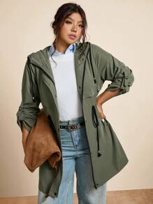 SHEIN LUNE 加大码军绿色斗篷/披风外套，休闲百搭女士冬季服装商务休闲女式风衣女士秋季服装冬装女士办公室服装橄榄绿时尚冬季秋季 - 軍綠色 - 查看 4
