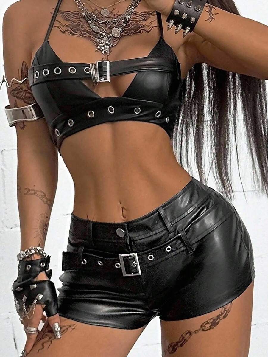 Coolane 女士夏季音乐会 Y2K 街头服饰垃圾摇滚休闲乡村音乐会皮革黑色紧身裤低腰靴短裤 - 黑色 - 查看 1