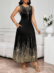 SHEIN Lady 女士优雅闪光印花无袖连衣裙，夏季 - 彩色 - 查看 5