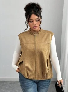 Elenzga Chaqueta sin mangas elegante de oficina/casual/vacaciones para mujer de talla grande, con cuello de cremallera metálica, botones dorados, hombros caídos, bajo plisado, forro, adecuada para primavera, otoño e invierno