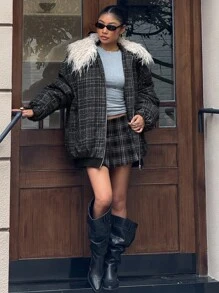 DAZY Karierter Patchwork Fellkragen, locker sitzende Jacke mit langen Ärmeln, Reißverschlusstaschen, Lässig Street Style, dick gefüttert, Damen Mantel für Herbst/Winter - Grau - Übersicht 4