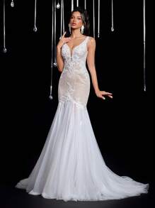 Glamrae Váy maxi đuôi cá hở lưng gợi cảm thêu ren sequin sang trọng thanh lịch có đuôi váy, thích hợp cho đám cưới, tiệc tùng, tuần trăng mật - Màu be - Xem 6