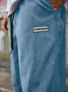 PAVTROS Manfinity Streetrush Men's Casual Versatile Letter Graphic Drawstring Waist Long Pants Streetwear Sweatpants Blue Sweatpants Men Baggy Streetwear Corduroy Pants , Fall Winter