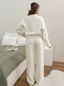 EURMUSE Woman V Neck Long Sleeves With Faux Pearl Buttons Cardigan And Pants Two Pieces Knitwear Set - Apricot - View 2