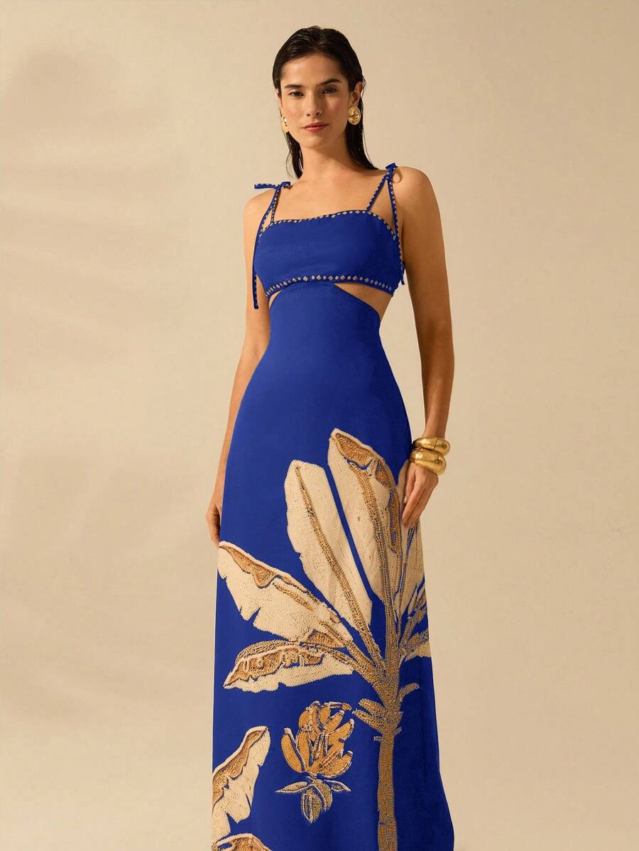 CAJUNI 女式波西米亚风香蕉树印花镂空腰后绑带无袖黑色连衣裙，假日休闲夏装 - 寶藍色 - 查看 1