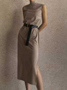 DAZY Women's High Neck Straight Slit Midi Dress - Khaki - View 3