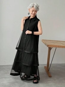 FRIFUL 女士纯黑色衬衫领无袖网纱拼接层叠连衣裙长裙 - 黑色 - 查看 2