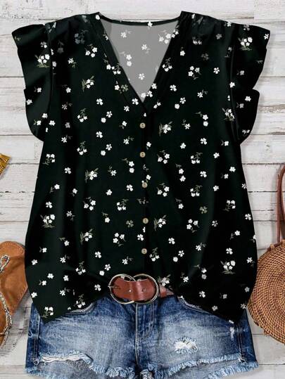 SHEIN LUNE Women's Black Ditsy Floral Casual Shirt, Suitable For Summer Suitable For Going Out Chic Blouses For Women