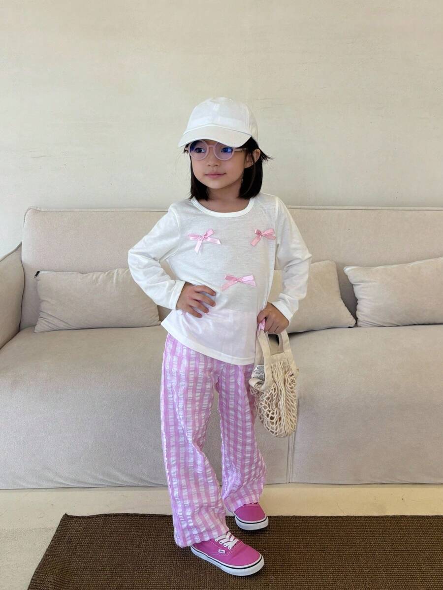 SHEIN Conjunto de camiseta de manga larga de cuello redondo simple y de moda con pantalones casuales y versátiles para niñas en otoño, adecuado para el ocio en casa, reuniones familiares o uso diario - Multicolor - Ver 1