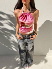 Aloruh Women's Sexy Beaded Halter Tie Slim Fit Backless Printed Crop Top - Multicolor - View 6