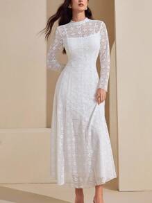 Graceveil Váy dài tay kiểu Pháp thanh lịch dệt kim jacquard cho nữ - trắng - Xem 7