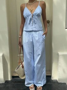 SHEIN Unity 2 piezas/Set Vestido informal de tirantes a rayas para mujer, conjunto de verano - Multicolor - Ver 5