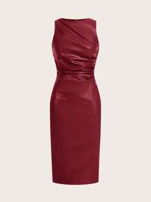Siren Gaze Women's Burgundy Red Leather Dress Fashionable Ruched Autumn/Winter Sleeveless Ruched PU Mini Dress Solid Color Round Neck Ruched PU Leather Sleeveless Mid-Length Dress , Suitable For Party, Office, Outdoor, Liner Or Stand-Alone, Cocktail Dress Suitable For Going Out And Parties Christmas Dress New Year Elegant Evening Dress Spring Valentine's Day - Rose Red - View 2
