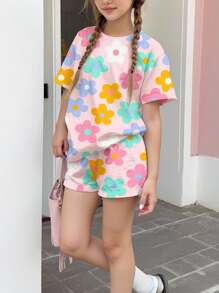SHEIN 2 件套青少年女孩休闲简约多巴胺花朵印花圆领短袖 T 恤和短裤，适合夏季、清凉夏日、度假氛围 - 彩色 - 查看 3