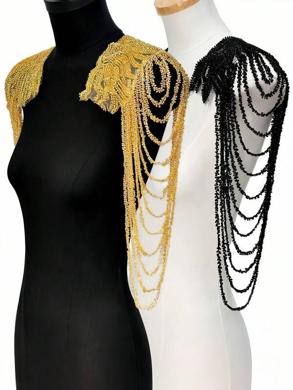 1pc Fringed Chain Sequined Shoulder/Wedding Dress Performance Wear Fashion Accessories/Golden Embroidered Cloth Sticker, Clothing Decoration Accessories
