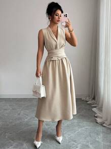 Siren Gaze 女士纯色简约无袖连衣裙，休闲日常穿着 - 杏色 - 查看 1