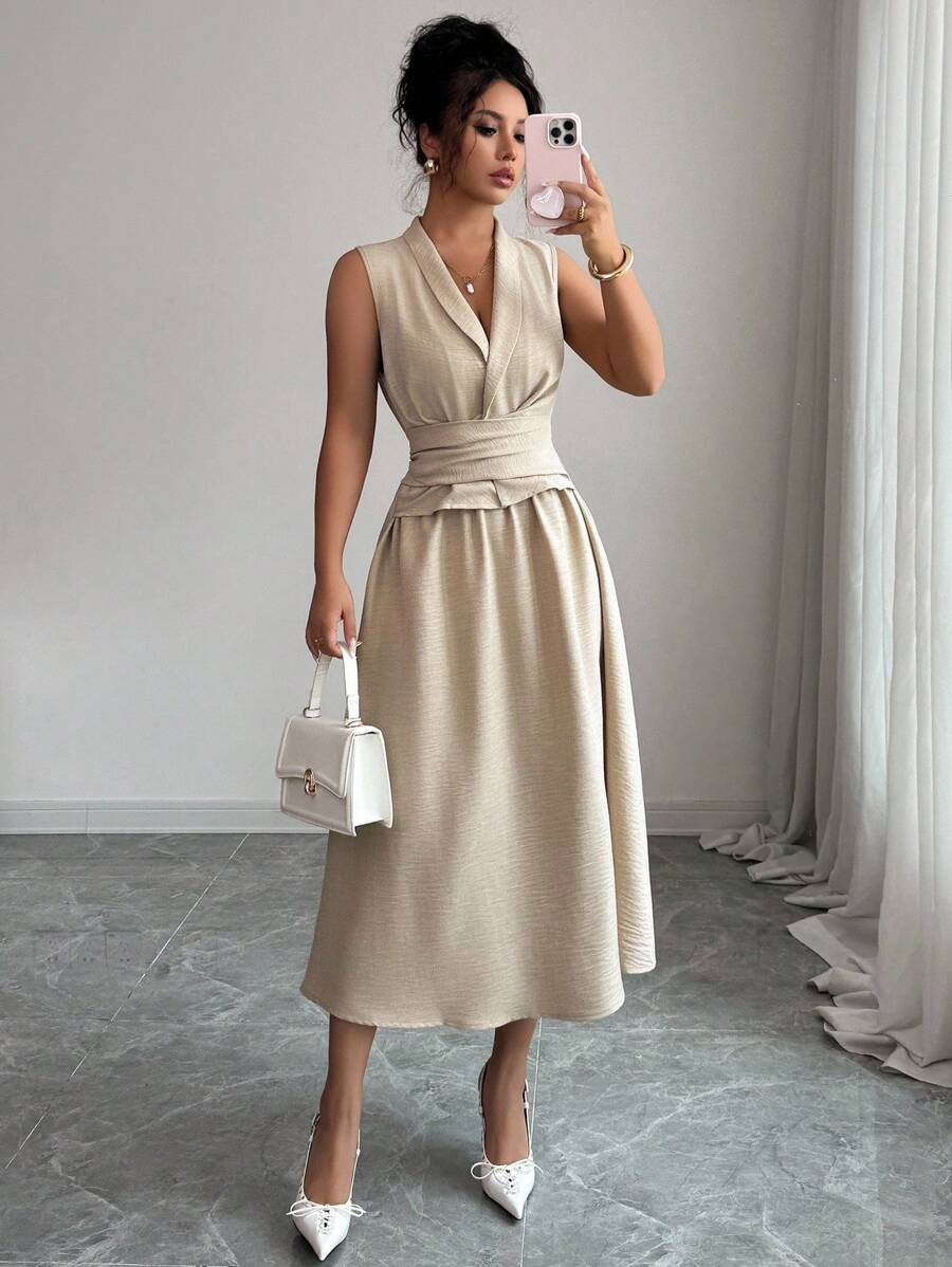 Siren Gaze 女士纯色简约无袖连衣裙，休闲日常穿着 - 杏色 - 查看 1