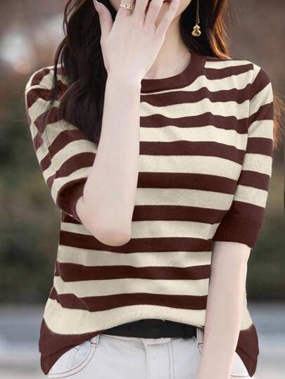 EMERY ROSE Women's Colorblock Striped 3/4 Sleeve Pullover Sweater Top Maillard Style Summer Brown Knitted Sweater Clothes For University