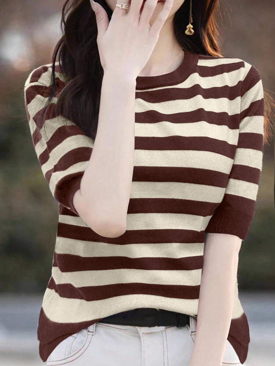 EMERY ROSE 女士撞色条纹半袖套头毛衣，美拉德针织风格，夏季棕色针织衫，适合大学穿着 - 棕色 - 查看 1