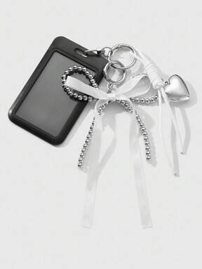 Kawaii 1pc Y2K Minimalist High-End Gothic Style Handmade Beaded Silver CCB Ribbon Bow Heart Woven Rope Black Acrylic Campus Card/ID Badge Holder DIY Keychain Bag Charm, Suitable For Office Workers, Students, Daily Wear, Holiday Gift