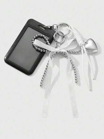 Kawaii 1 pieza Soporte para tarjeta de identificación/credencial de estilo gótico minimalista de alta gama, hecho a mano con cuentas plateadas de CCB, lazo de cinta, corazón tejido con cuerda negra de acrílico, adecuado para trabajadores de oficina, estudiantes, uso diario, regalo de vacaciones, Halloween