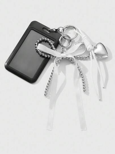 Kawaii 1pc Y2K Minimalist High-End Gothic Style Handmade Beaded Silver CCB Ribbon Bow Heart Woven Rope Black Acrylic Campus Card/ID Badge Holder DIY Keychain Bag Charm, Suitable For Office Workers, Students, Daily Wear, Holiday Gift, Halloween