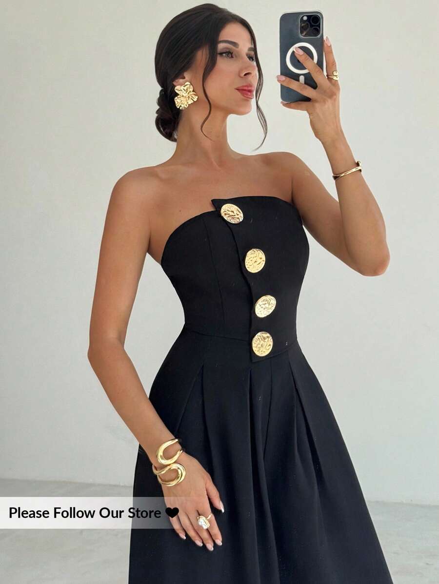 Firerie Women's Solid Color Off-The-Shoulder Metal Button Ruched Elegant Jumpsuit, Sexy Elegant Commuter Wide-Leg Pants, Spring/Summer Clothing, Commuting, Elegant, Sexy, Music Festivals, Romantic, Dating, Parties, Wedding Season, Graduation Outfit, Graduation Prom, Performance Costume, Concert, Work Attire - Black - View 1