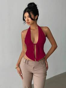 Camiseta de tirantes con cuello halter, cintura con lazo y abertura lateral, unicolor y sexy para mujer - Burdeos - Ver 3
