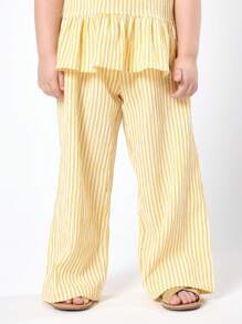 SUMWON 女童夏季条纹荷叶边吊带背心阔腿裤套装度假沙滩休闲装春季荷叶边无袖服装 - 黃色 - 查看 4
