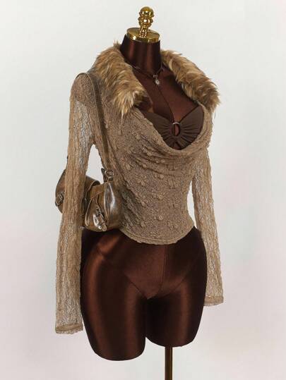 Amplova Top de manga larga con parches de piel desmontable, estilo vintage hippie, de encaje transparente y top corto con anillo de metal, dos piezas