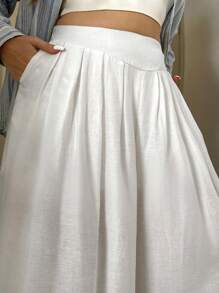 SHEIN LUNE 大码返校服装女士百搭纯色秋季女装宽腿复古服装女士商务休闲女士曲线返校节秋季女装裤子 - 白色 - 查看 11