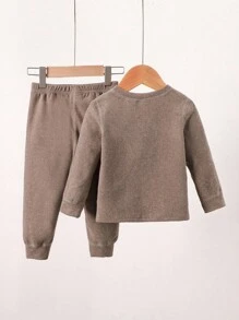 SHEIN Playful Pals 2 件套男女通用婴儿/幼儿休闲加厚修身长袖圆领 T 恤和松紧腰修身裤，适合春季、秋季、冬季、居家、户外、学校穿着 - 棕色 - 查看 2