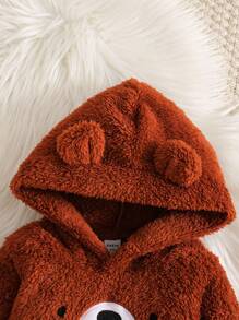 SHEIN 2 件套男婴加厚法兰绒泰迪熊刺绣连帽长袖卫衣和松紧腰裤套装，儿童服装，婴儿服装，婴儿装，婴儿上衣，男婴泰迪熊套装，适合秋冬季 - 棕色 - 查看 4