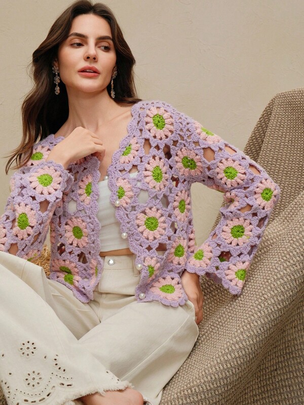 Anewsta Autumn Women's Handmade Hollow Floral Colorful Knitted Sweater Top, Suitable For Outerwear In Autumn/WinterFall Outfit