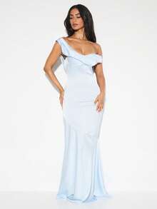 KIZN 优雅单肩扭花前开襟晚礼服长款特殊场合正式伴娘舞会礼服婚礼宾客垂坠缎面侧镂空后背设计 - 藍色 - 查看 4