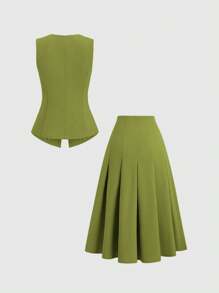 Sweetra Bộ đồ hai mảnh áo vest không tay có nút kim loại lớn và chân váy dài thường ngày dành cho nữ, Xuân/Hè - màu xanh lá - Xem 2