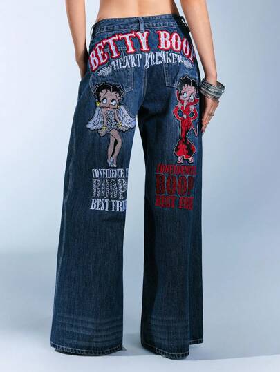 Betty Boop | ROMWE Y2K Retro Streetwear Betty Kollektion Engel Dämon Loose Fit Jeans mit niedriger Taille