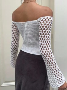 Sunnyshic Sexy Hollow-Out Off-Shoulder Cropped Knit Sweater For Beach Vacation Knit Pullover Fall Winter - White - View 2