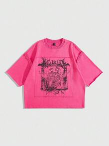 ROMWE MEN Street Life 男士做旧印花圆领短袖T恤 - 玫紅色 - 查看 1