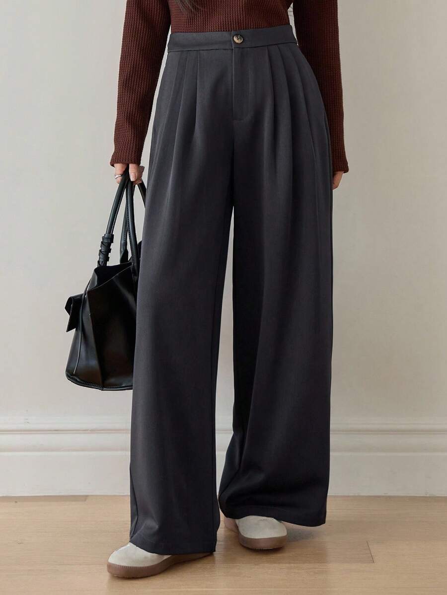 Dazy-Less Women's Loose Business Casual Pleated Straight Leg Pants, Suitable For Commuting, Office Wear, Autumn/Winter