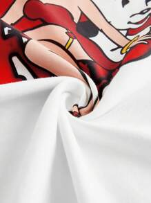Slaydiva Betty Boop x SHEIN Kaos Ukuran Besar dengan Gambar Kartun, Leher Bulat Longgar, Bahu Jatuh, Lengan Pendek - Putih - View 8