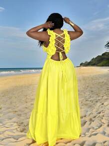 Veslaya 新款锐舞/复活节女装、复古富家女装、乡村音乐会服装、外出服装、仙女风、音乐节服装、热带度假女装、夏季女装、夏季、锐舞、欧洲夏季、春季服装、西部牛仔大码女装、音乐会服装、毕业典礼服装、百搭休闲纯色荷叶边系带深V领层叠长款连衣裙 - 黄色 - M - 黃色 - 查看 6