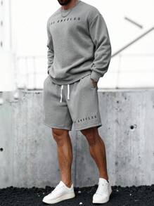 Manfinity Dauomo Nam Lỏng lẻo Lá thư In Áo nỉ Và Quần short 2 Miếng Bộ - Xám - Xem 5