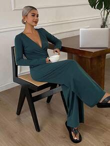 DAZY Simple Solid Color Lapel Women's Lounge Set, Fall Winter Clothes, Cozy Outfits - Blue - View 5