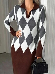 EURMUSE NAVY & WHITE ARGYLE PATTERNED LONG-SLEEVE SLIM FIT POLO COLLAR KNIT DRESS WOMEN'S WEAR,Petite - Brown - View 7
