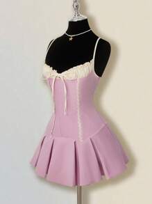 SHEIN ICON Women's Spring/Summer Graduation Prom Sweet And Cute Pure Millennial Style Y2K Kululi Style 2 In 1 Chest Ruffle Lace Stitching Pink Slim Low-Waist Pleated Mini Dress - Pink - View 4