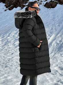 EURMUSE Faux Fur Lined Double Zipped Puffer Winter Coat - Black - View 6