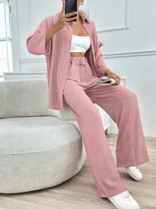 EURMUSE 2pcs Women's Solid Color Pants And Long Sleeve Blouse Set - Dusty Pink - View 5