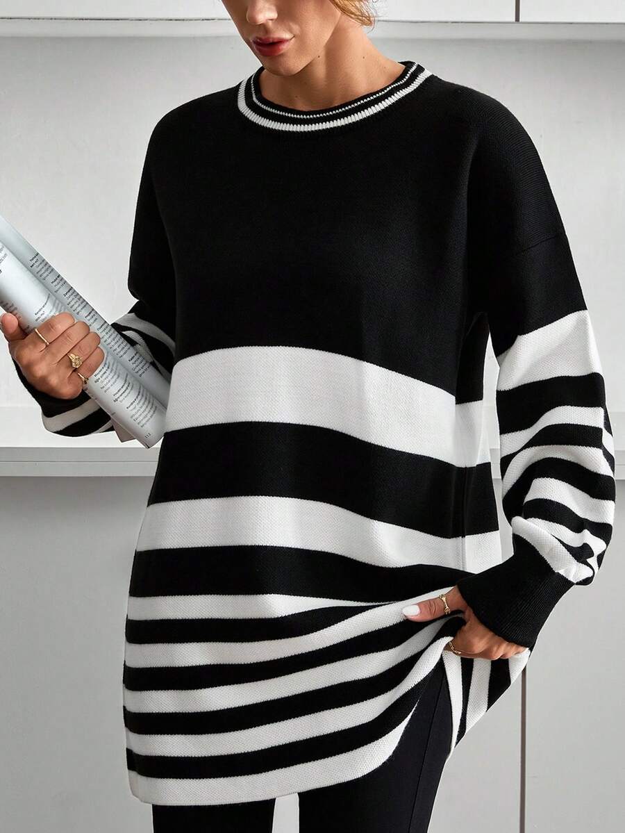 EURMUSE Women Stripe Pattern Round Neck Drop Shoulder Pullover,Jumper,Cream Jumper,Jumpers,Black Jumper,Women's Jumper,White Jumper,Women's Jumper,Women's Jumpers,Winter Clothes - Black - View 1