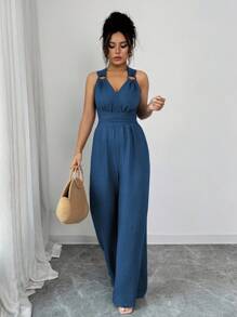 Selianne Bộ đồ liền thân ống rộng buộc eo cổ chữ V dành cho nữ, màu xanh, trang phục thường ngày mùa hè - Màu xanh ngọc - Xem 6